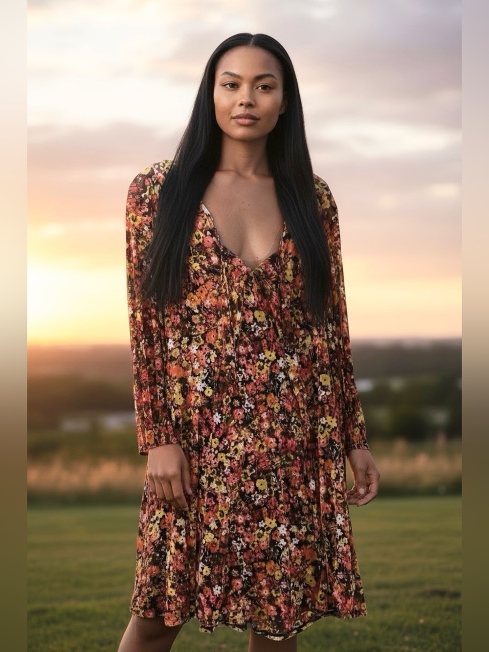 CHEZTU ~ Floral ~ Midi Dress ~ Mesh-Like Outer, Very Pretty Long-Sleeve ~ Lined